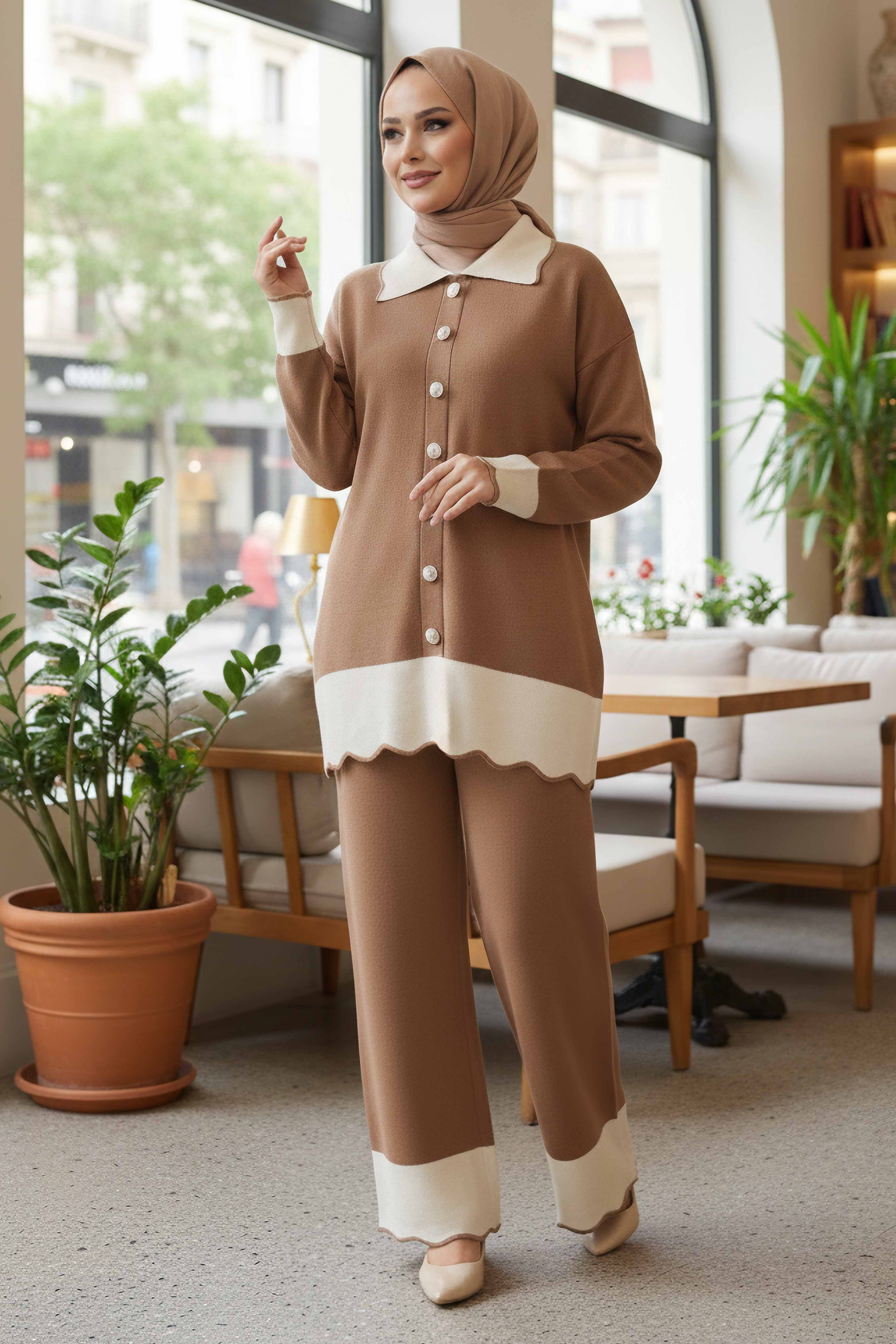 Düğmeli Triko İkili Takım - 28121-VIZON - 1