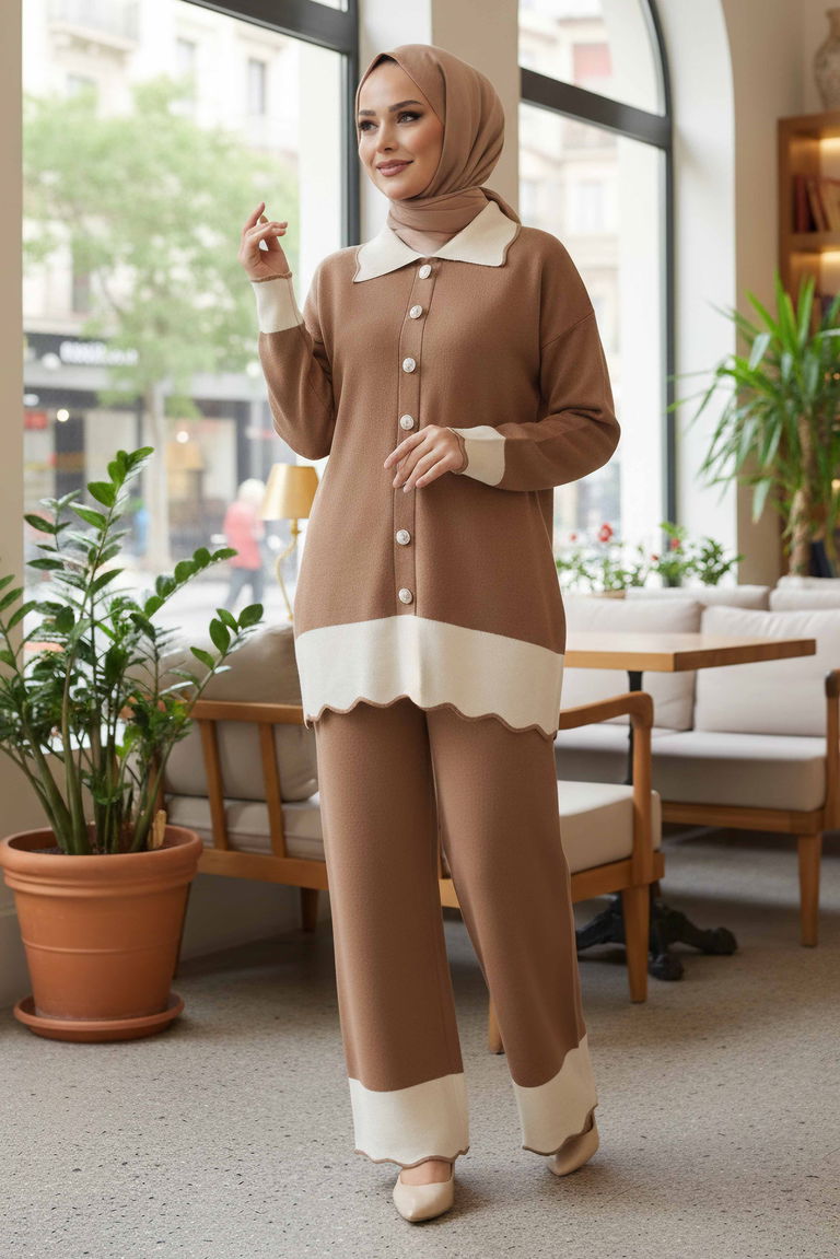 Düğmeli Triko İkili Takım - 28121-VIZON - TOFİSA