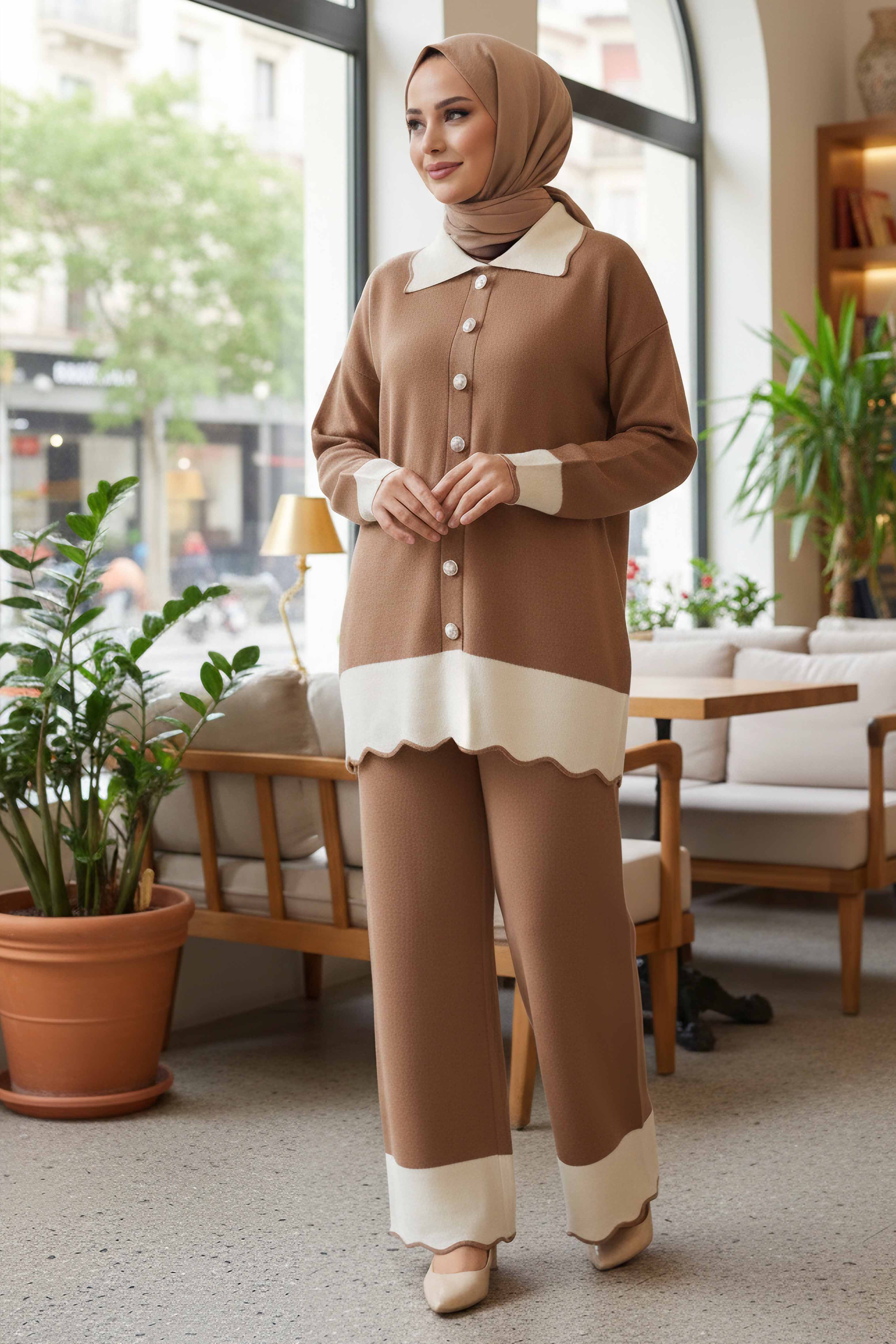 Düğmeli Triko İkili Takım - 28121-VIZON - 2