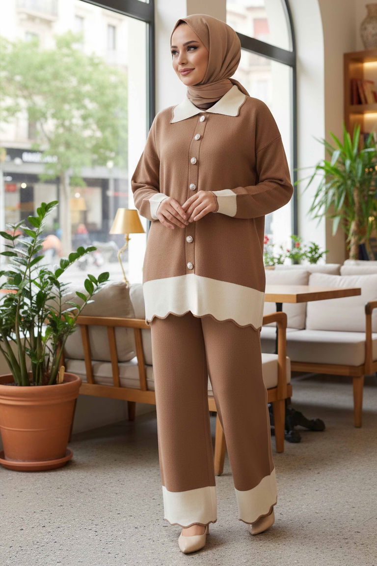 Düğmeli Triko İkili Takım - 28121-VIZON - TOFİSA