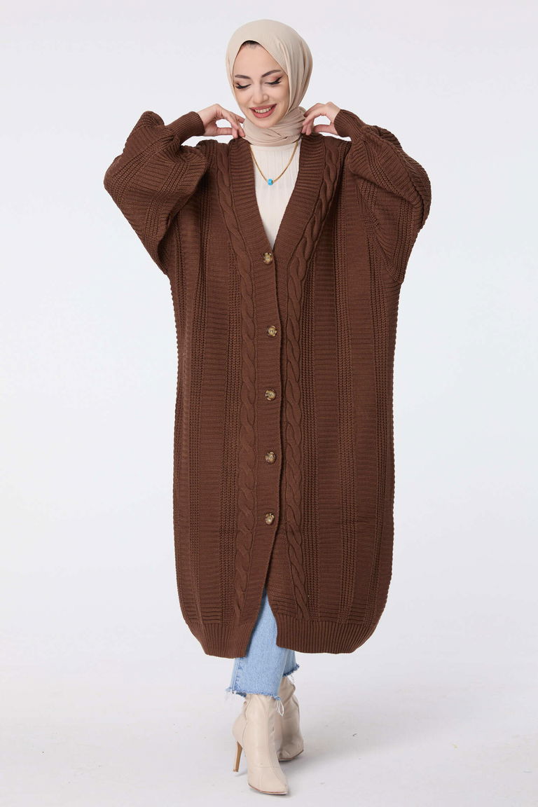 Düğmeli Uzun Triko Hırka - 27746-KAHVE - TOFİSA