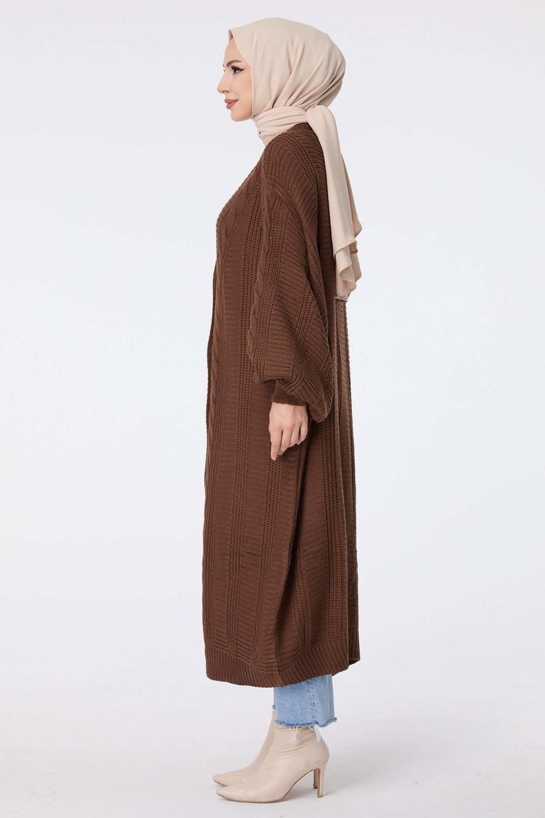 Düğmeli Uzun Triko Hırka - 27746-KAHVE - TOFİSA