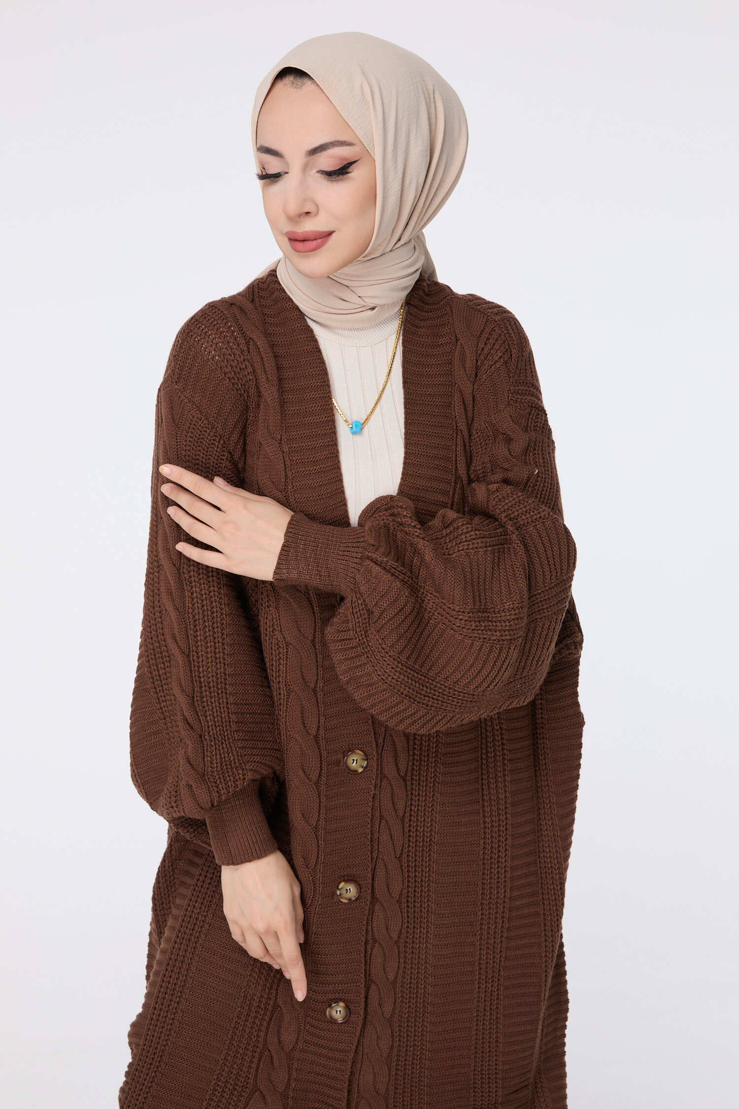 Düğmeli Uzun Triko Hırka - 27746-KAHVE - 4