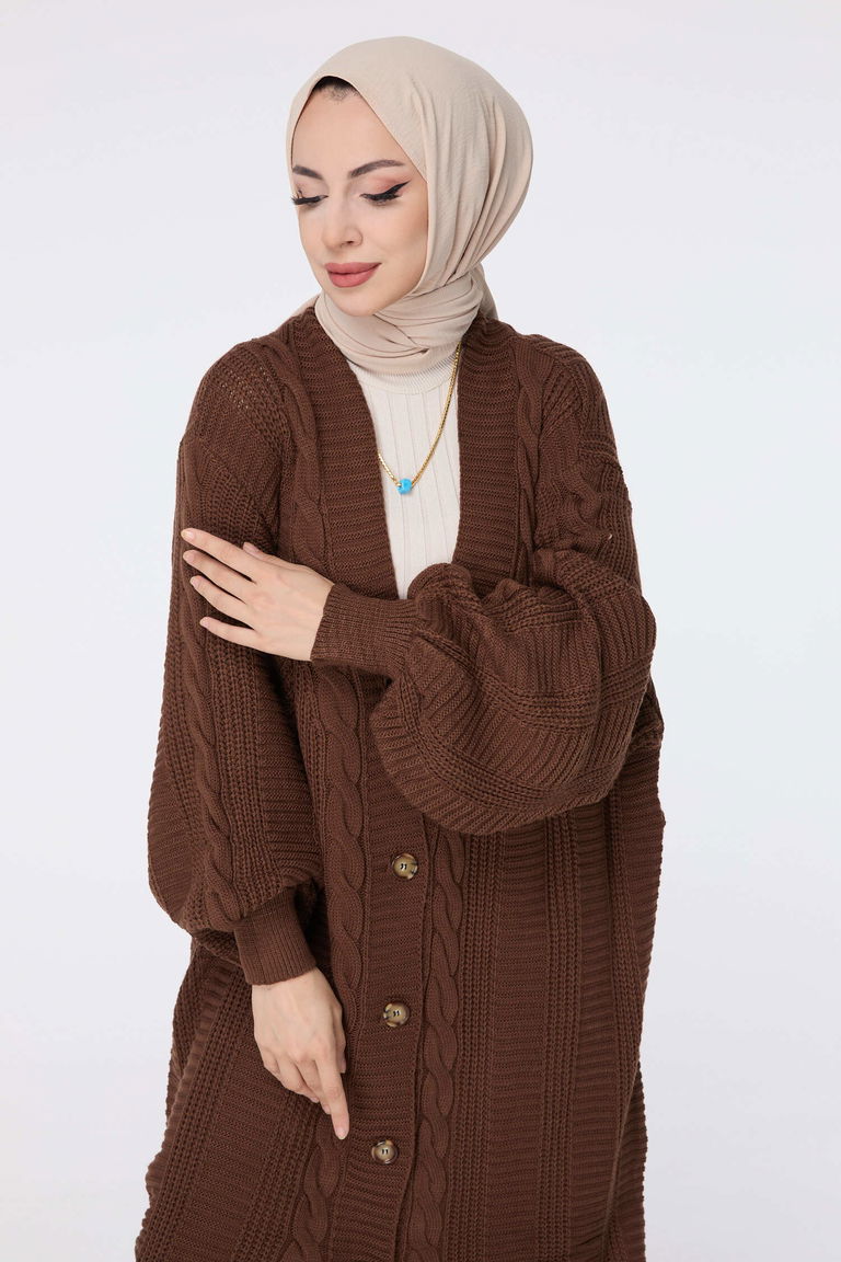 Düğmeli Uzun Triko Hırka - 27746-KAHVE - TOFİSA