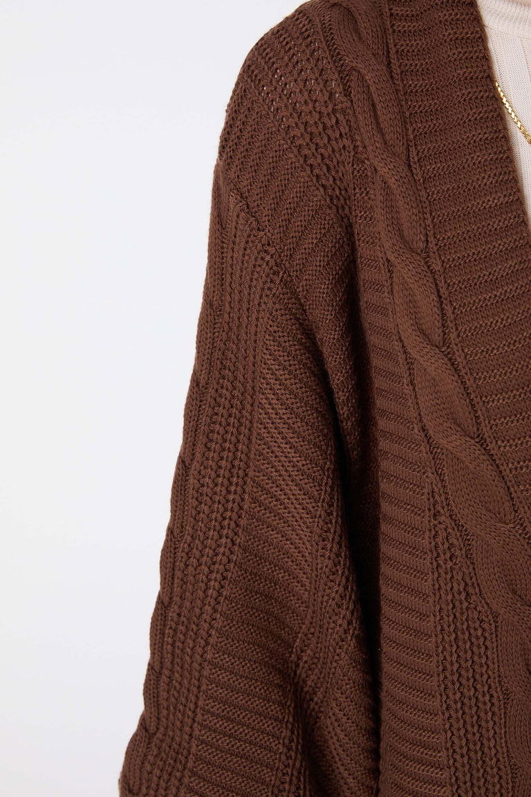 Düğmeli Uzun Triko Hırka - 27746-KAHVE - TOFİSA