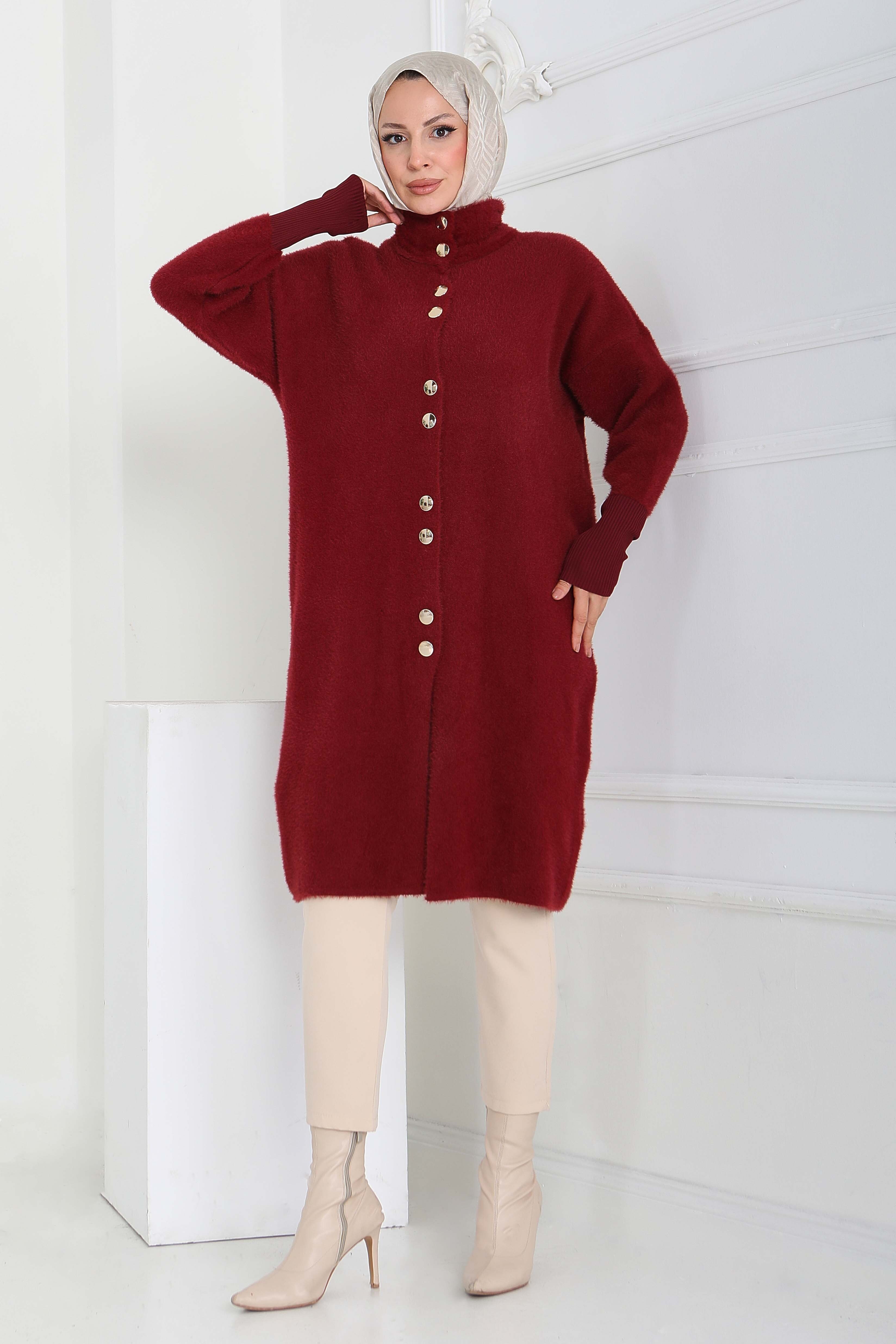 Düğmeli Yün Triko Hırka - 27885-BORDO - 1