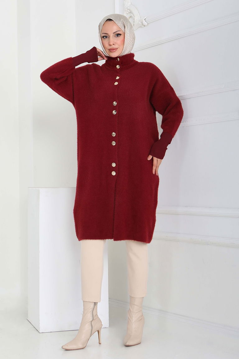 Düğmeli Yün Triko Hırka - 27885-BORDO - TOFİSA