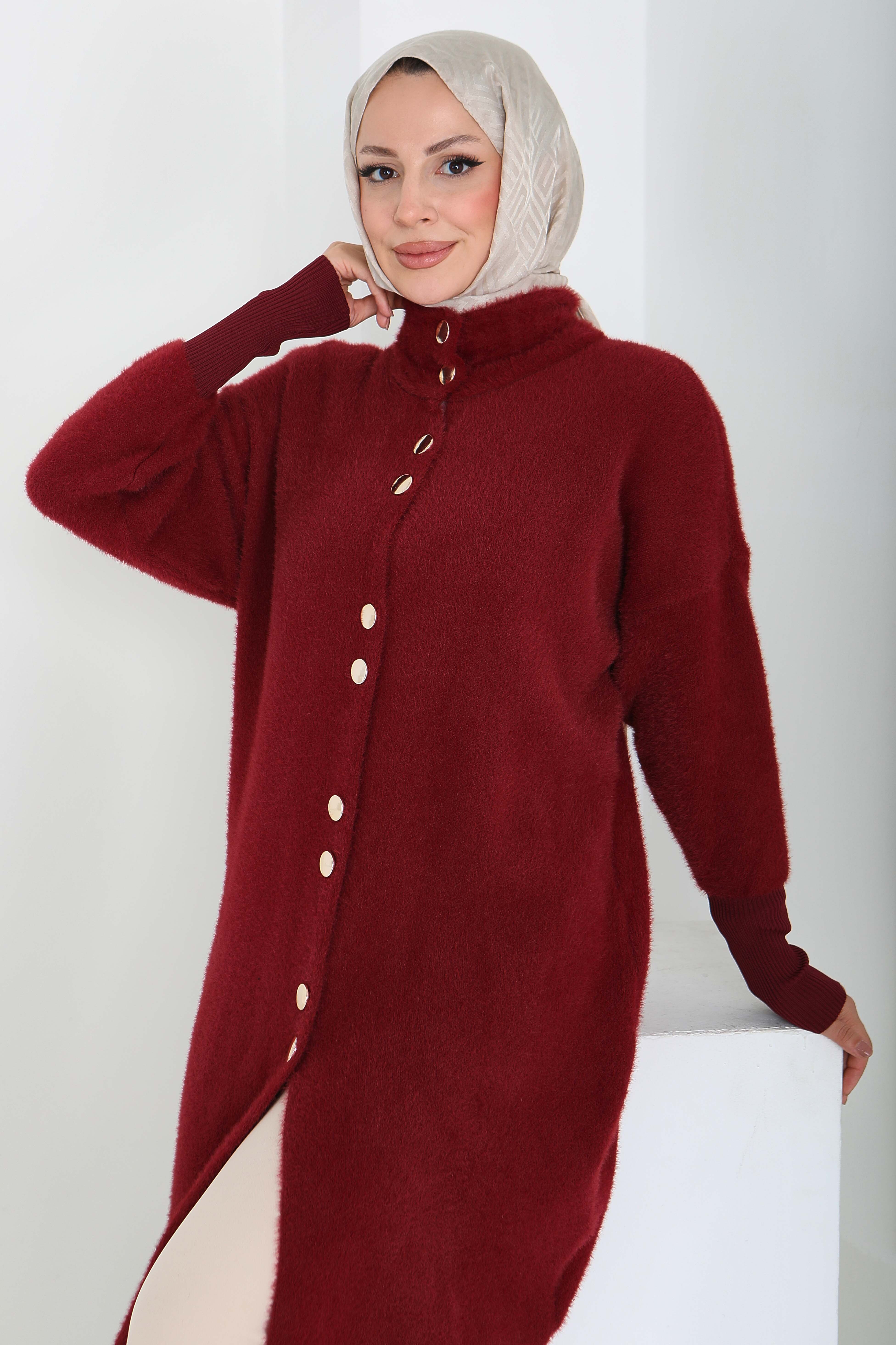 Düğmeli Yün Triko Hırka - 27885-BORDO - 2