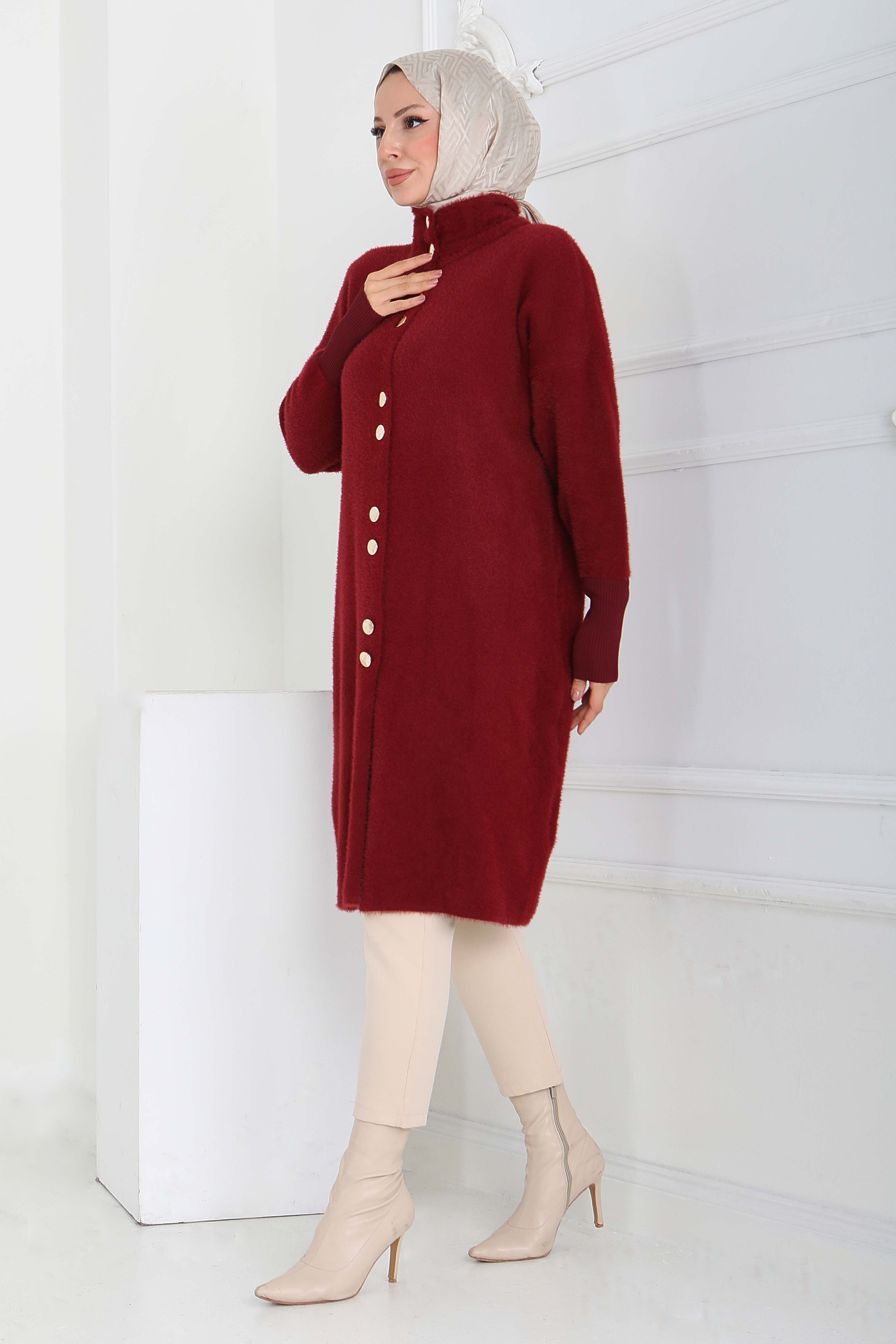 Düğmeli Yün Triko Hırka - 27885-BORDO - 3