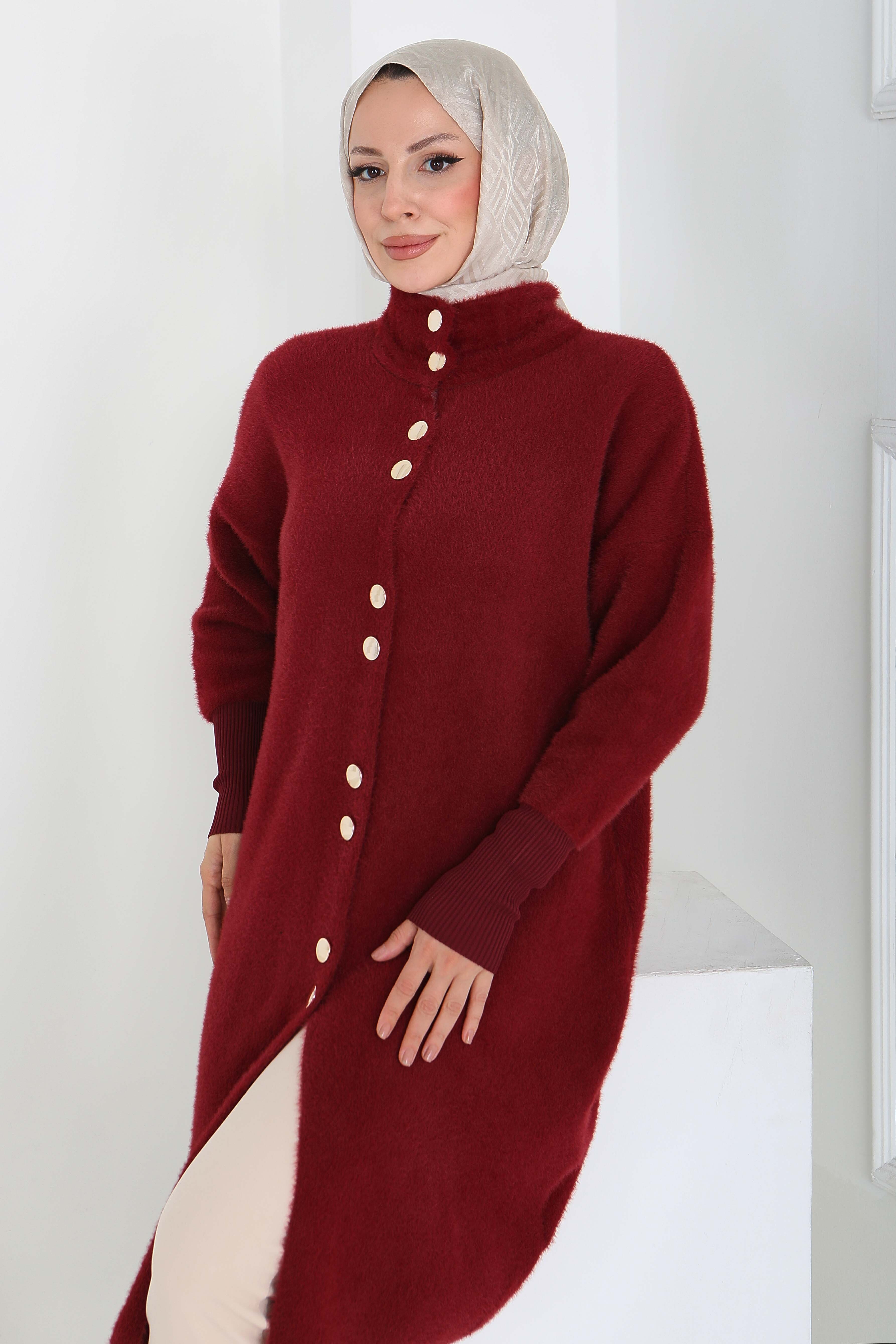 Düğmeli Yün Triko Hırka - 27885-BORDO - 4