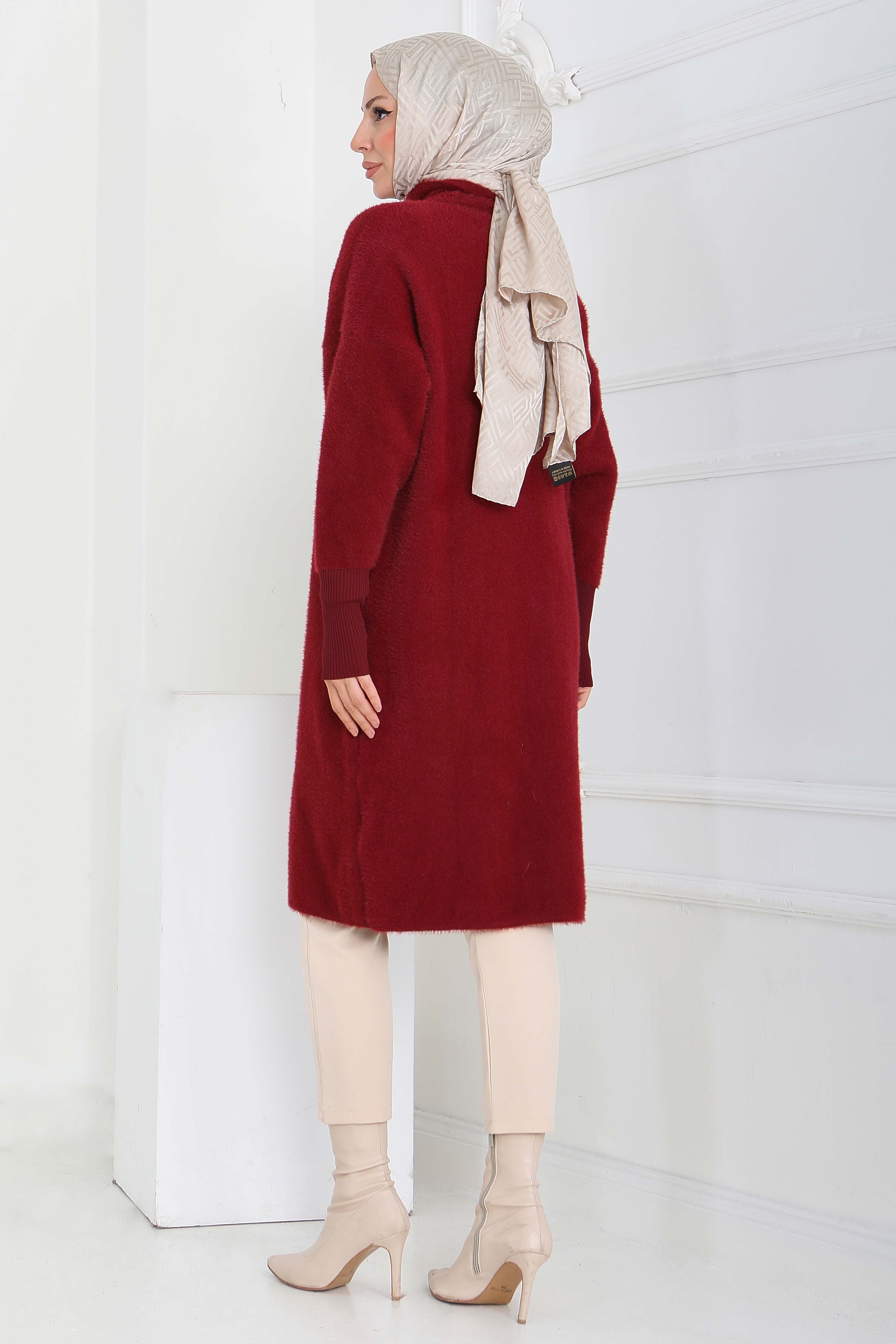 Düğmeli Yün Triko Hırka - 27885-BORDO - 5