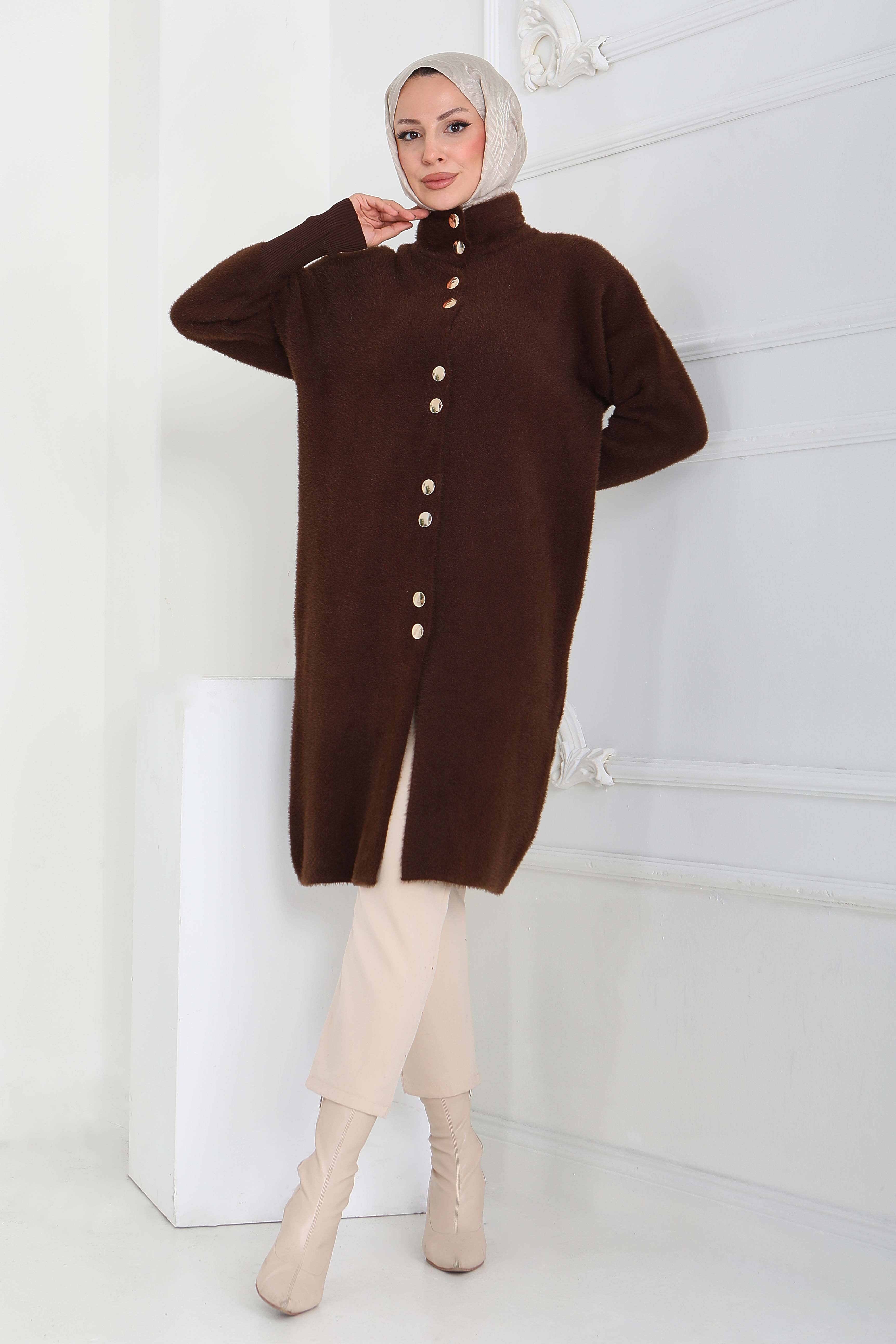 Düğmeli Yün Triko Hırka - 27885-KAHVE - 1