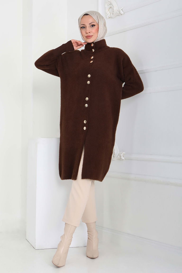 Düğmeli Yün Triko Hırka - 27885-KAHVE - TOFİSA