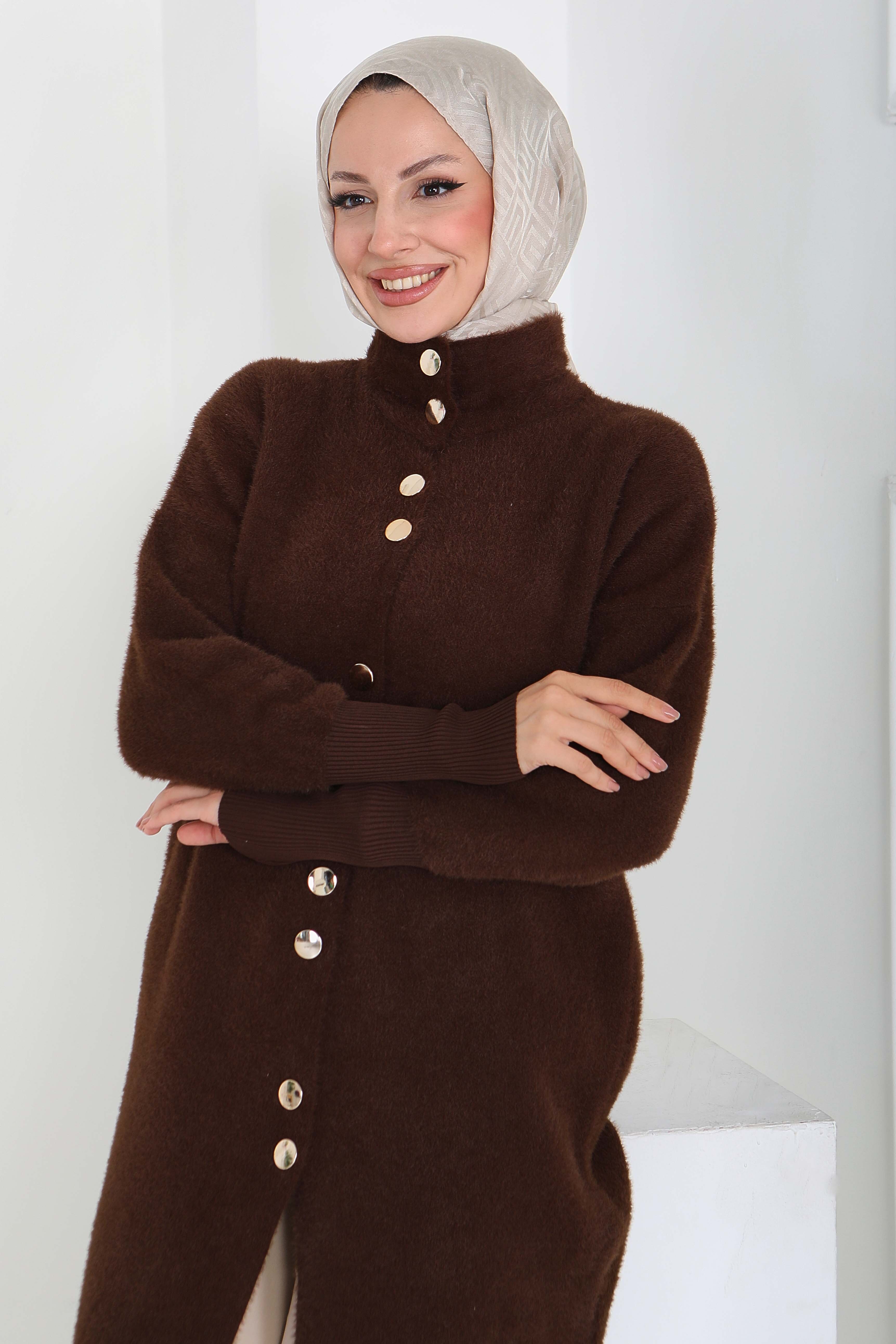 Düğmeli Yün Triko Hırka - 27885-KAHVE - 2