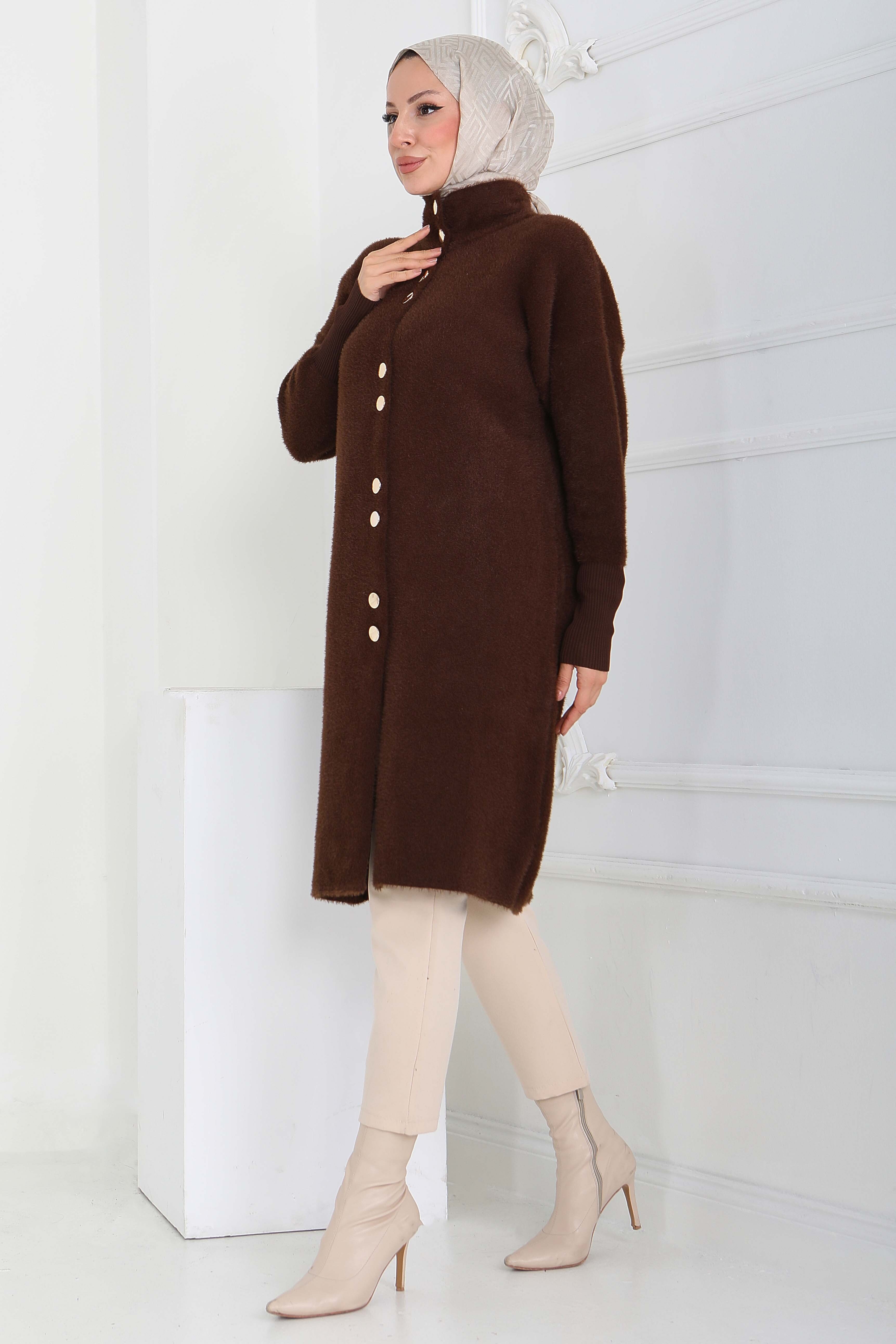 Düğmeli Yün Triko Hırka - 27885-KAHVE - 3