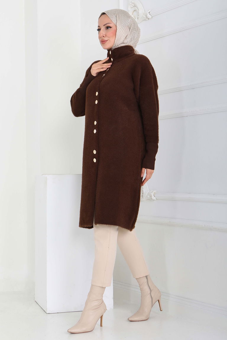 Düğmeli Yün Triko Hırka - 27885-KAHVE - TOFİSA