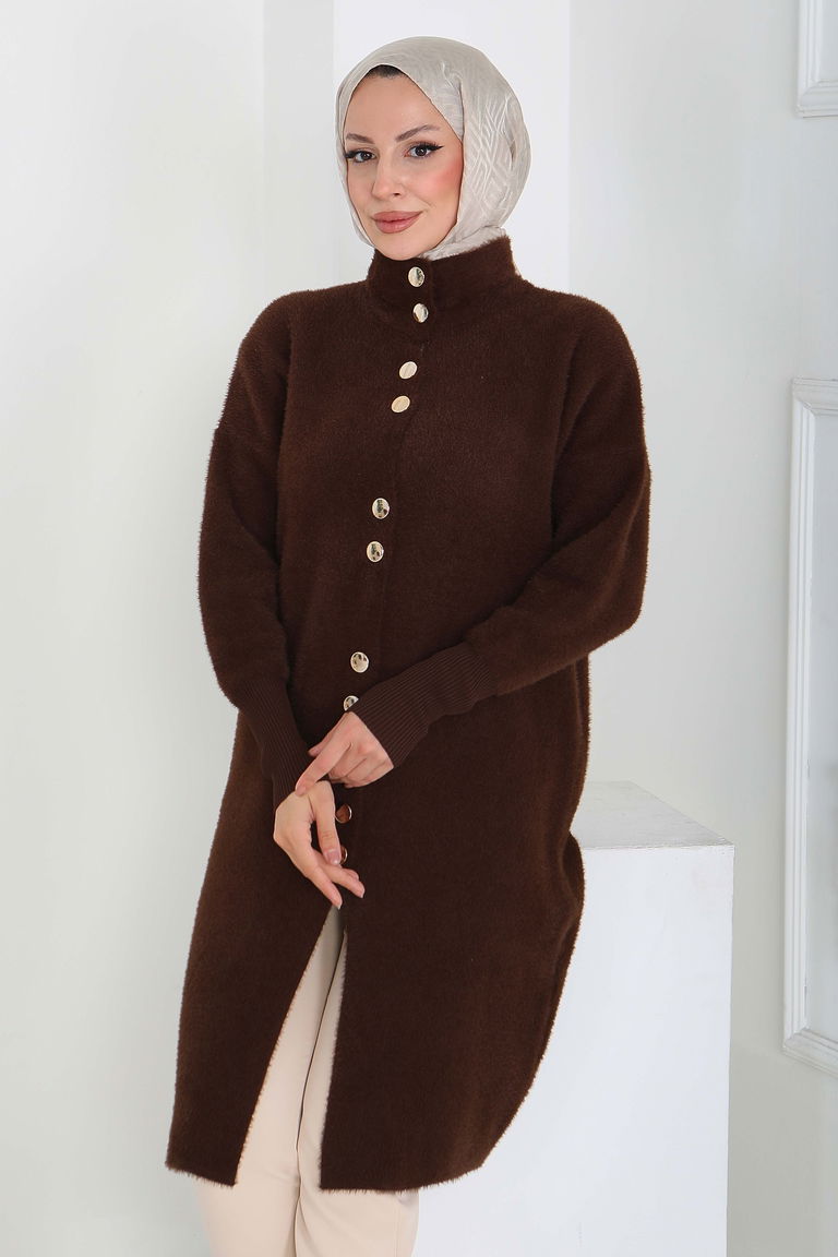 Düğmeli Yün Triko Hırka - 27885-KAHVE - TOFİSA