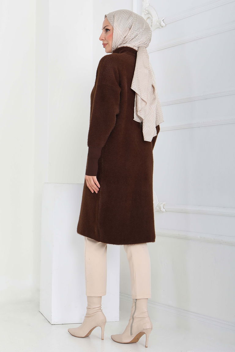 Düğmeli Yün Triko Hırka - 27885-KAHVE - TOFİSA