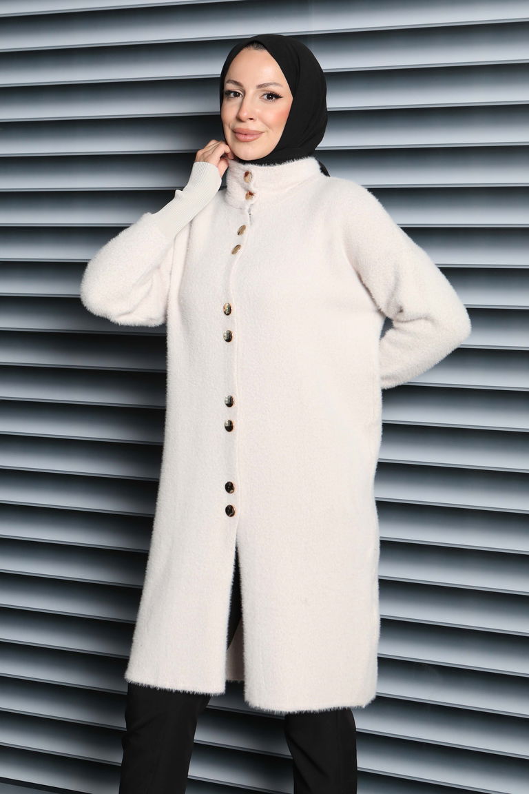 Düğmeli Yün Triko Hırka - 27885-KREM - TOFİSA