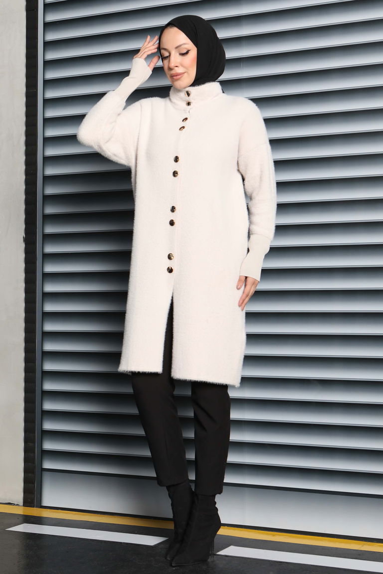 Düğmeli Yün Triko Hırka - 27885-KREM - TOFİSA