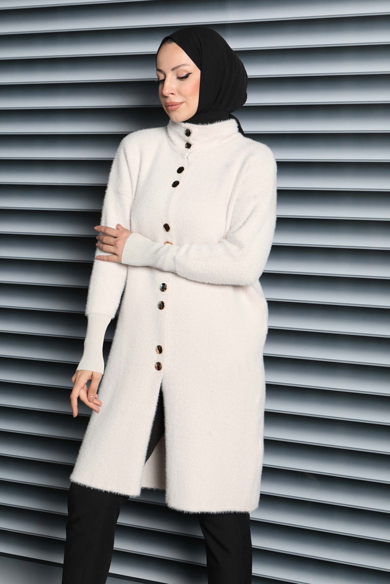 Düğmeli Yün Triko Hırka - 27885-KREM - TOFİSA