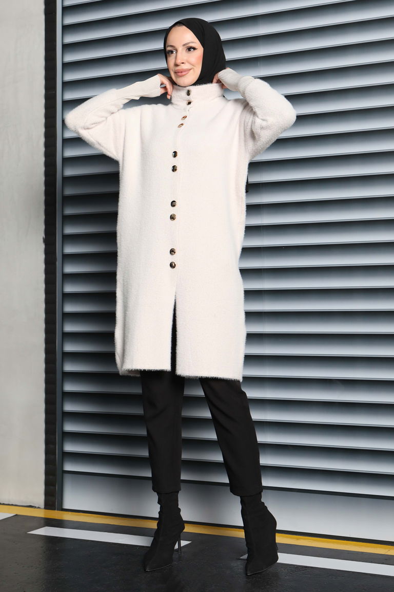 Düğmeli Yün Triko Hırka - 27885-KREM - TOFİSA