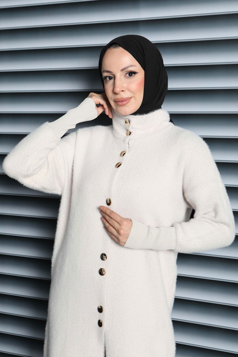 Düğmeli Yün Triko Hırka - 27885-KREM - TOFİSA