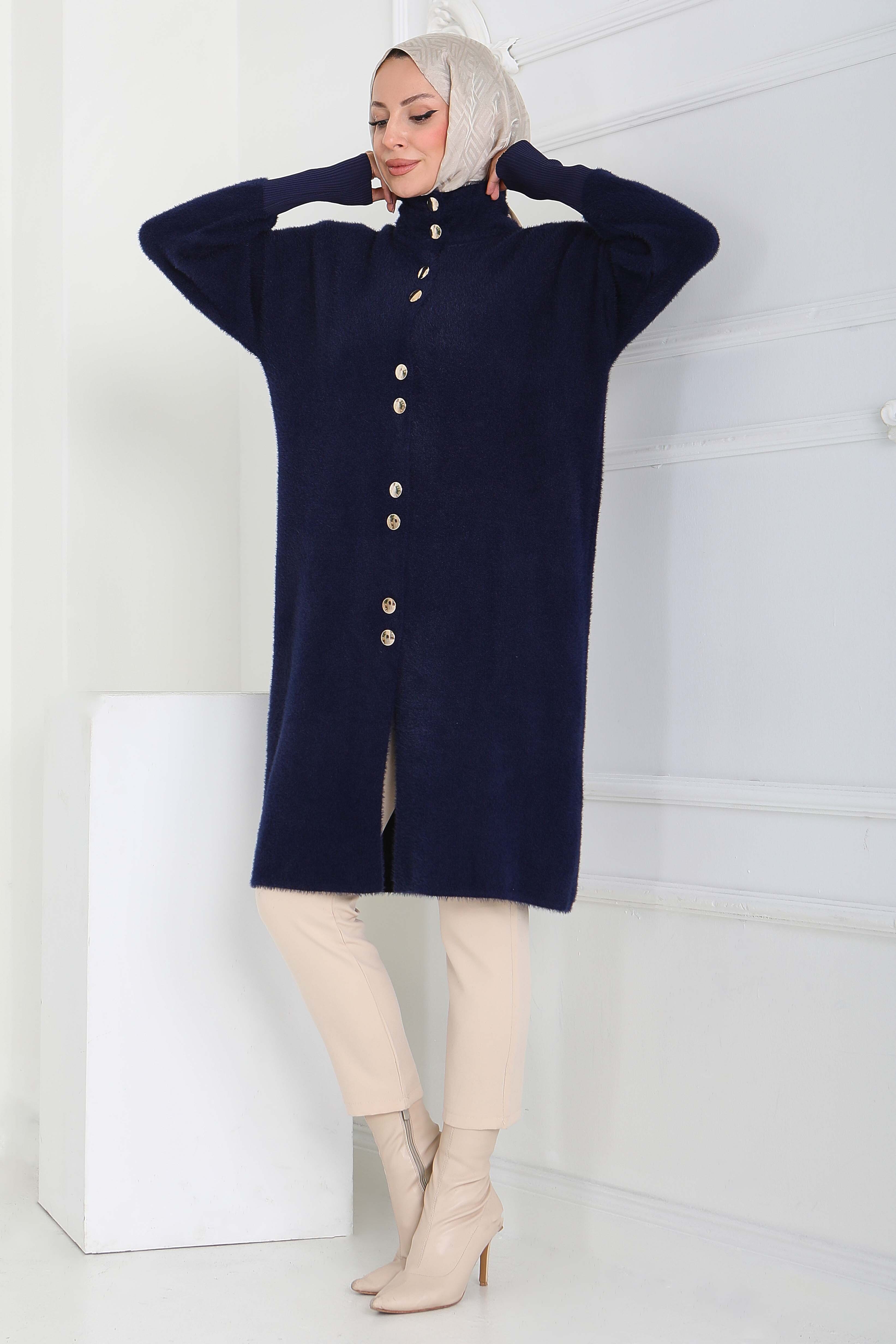 Düğmeli Yün Triko Hırka - 27885-LACIVERT - 3