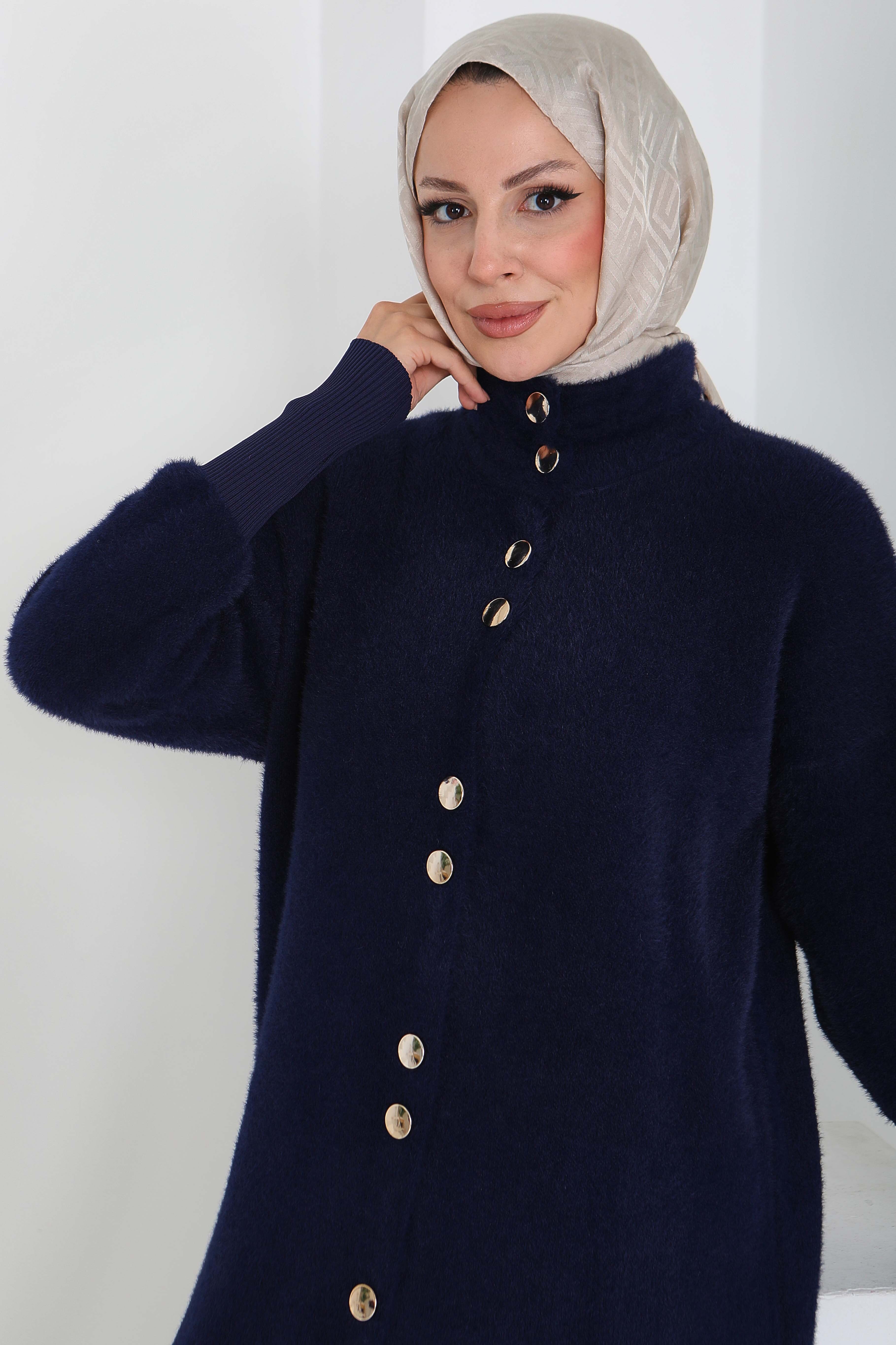 Düğmeli Yün Triko Hırka - 27885-LACIVERT - 4