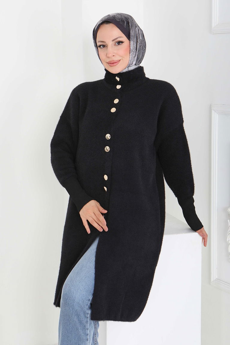 Düğmeli Yün Triko Hırka - 27885-SIYAH - TOFİSA