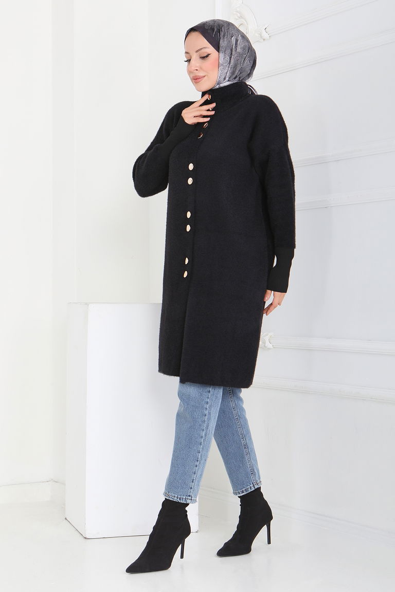 Düğmeli Yün Triko Hırka - 27885-SIYAH - TOFİSA