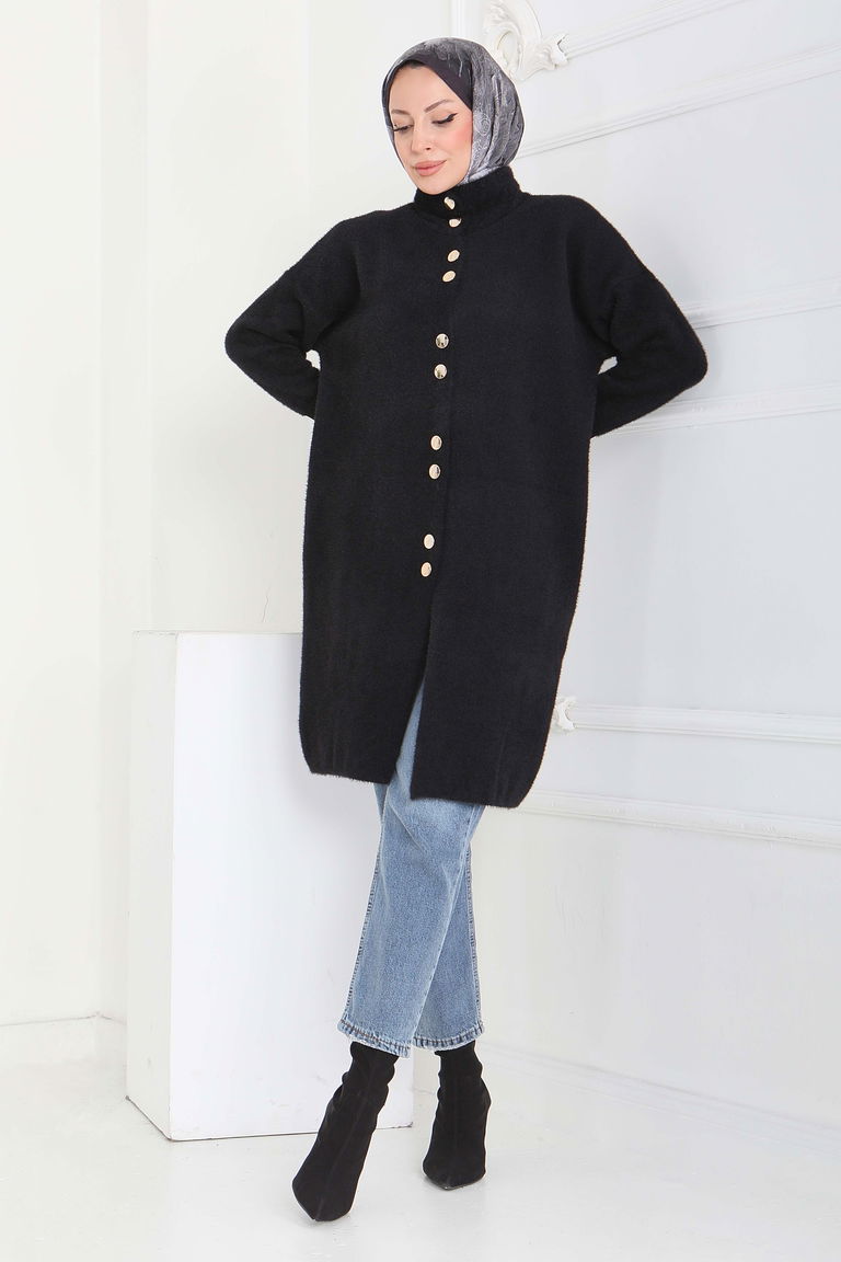 Düğmeli Yün Triko Hırka - 27885-SIYAH - TOFİSA