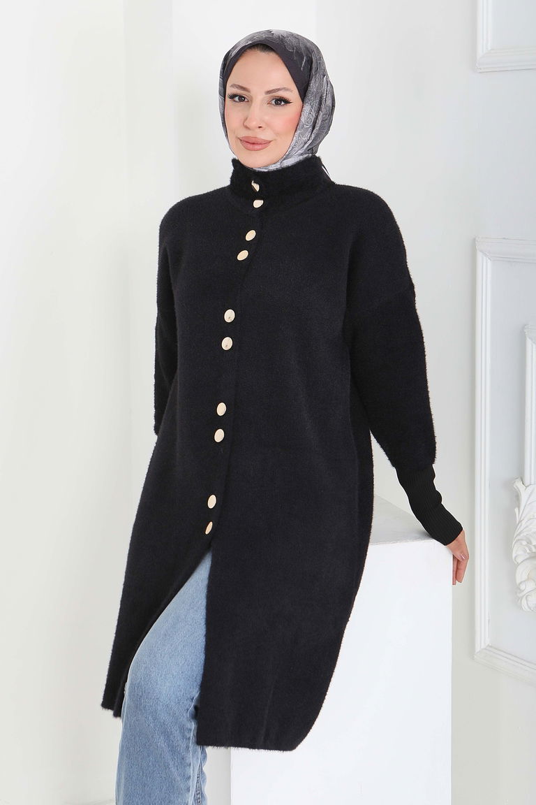Düğmeli Yün Triko Hırka - 27885-SIYAH - TOFİSA