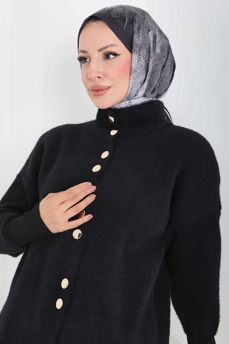 Düğmeli Yün Triko Hırka - 27885-SIYAH - TOFİSA