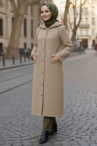 Düğmeli Zincir Detaylı Kaşe Kaban - 28040-BEJ 