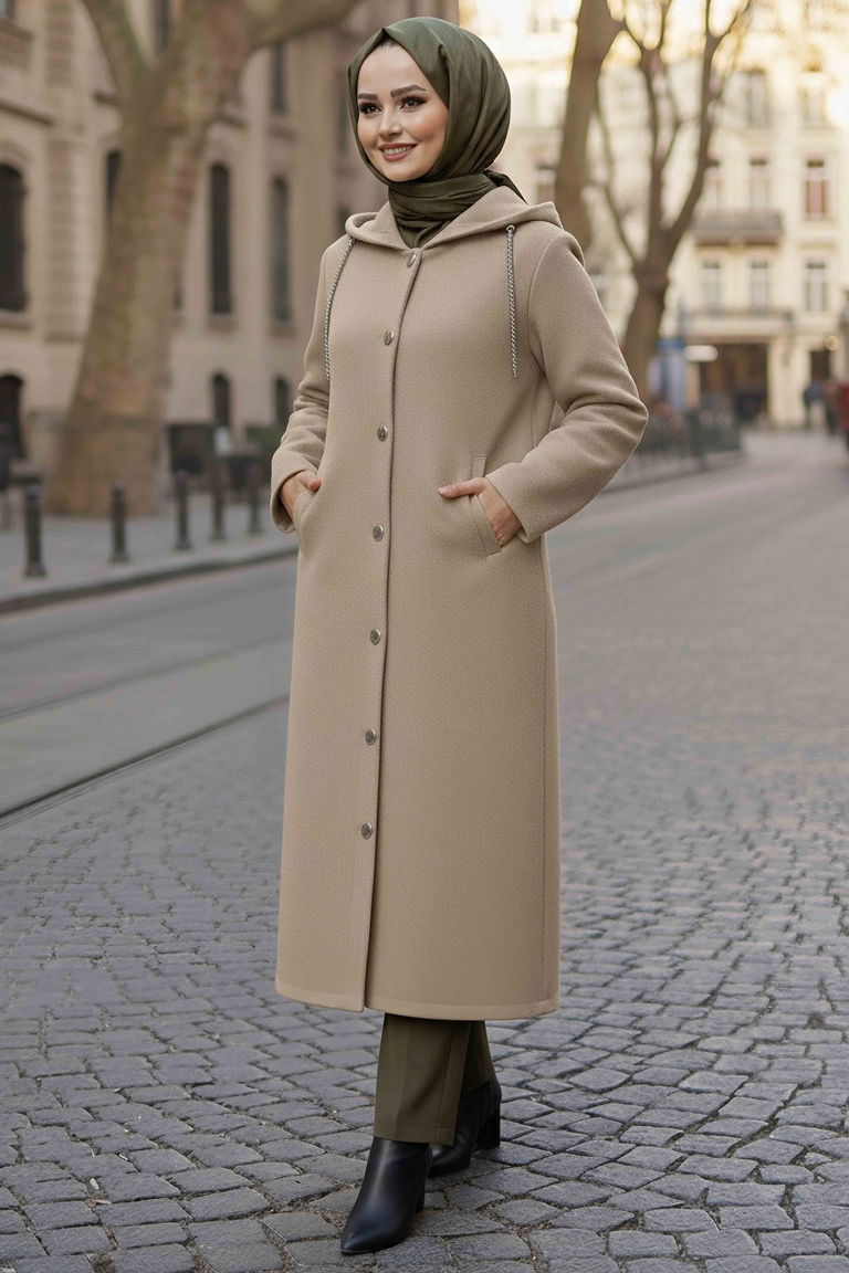 Düğmeli Zincir Detaylı Kaşe Kaban - 28040-BEJ - TOFİSA