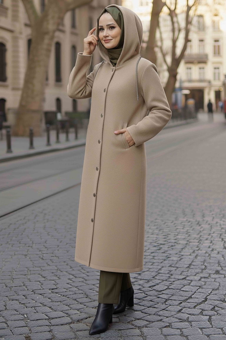 Düğmeli Zincir Detaylı Kaşe Kaban - 28040-BEJ - TOFİSA