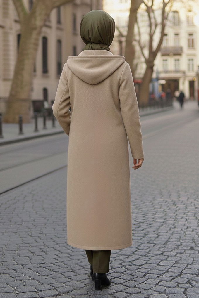 Düğmeli Zincir Detaylı Kaşe Kaban - 28040-BEJ - TOFİSA