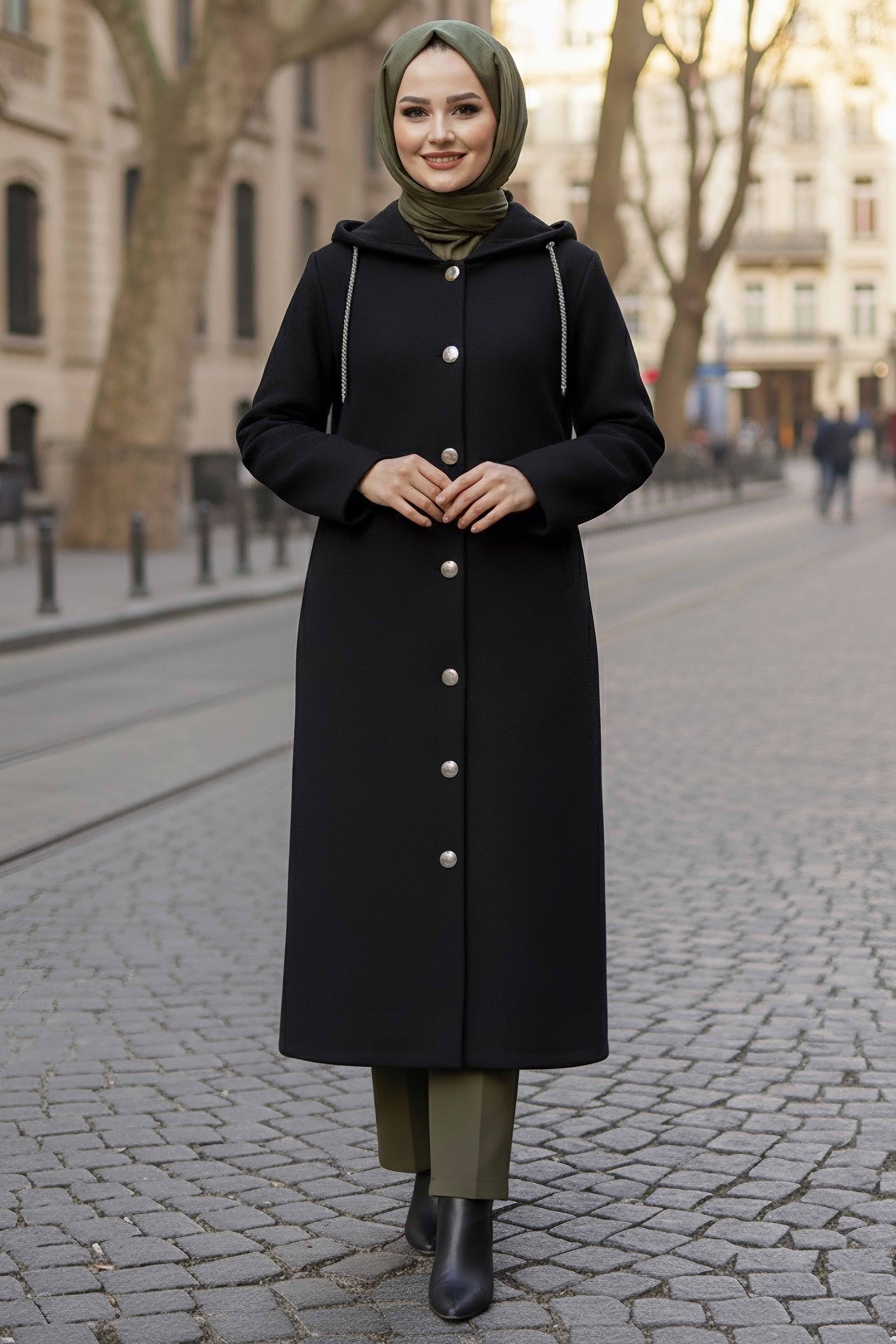 Düğmeli Zincir Detaylı Kaşe Kaban - 28040-SIYAH - 1