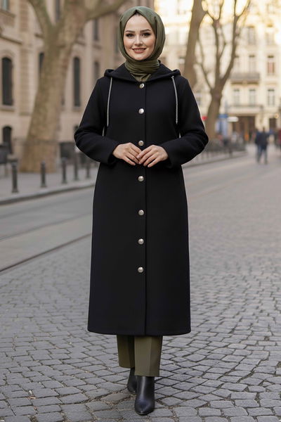 Düğmeli Zincir Detaylı Kaşe Kaban - 28040-SIYAH 