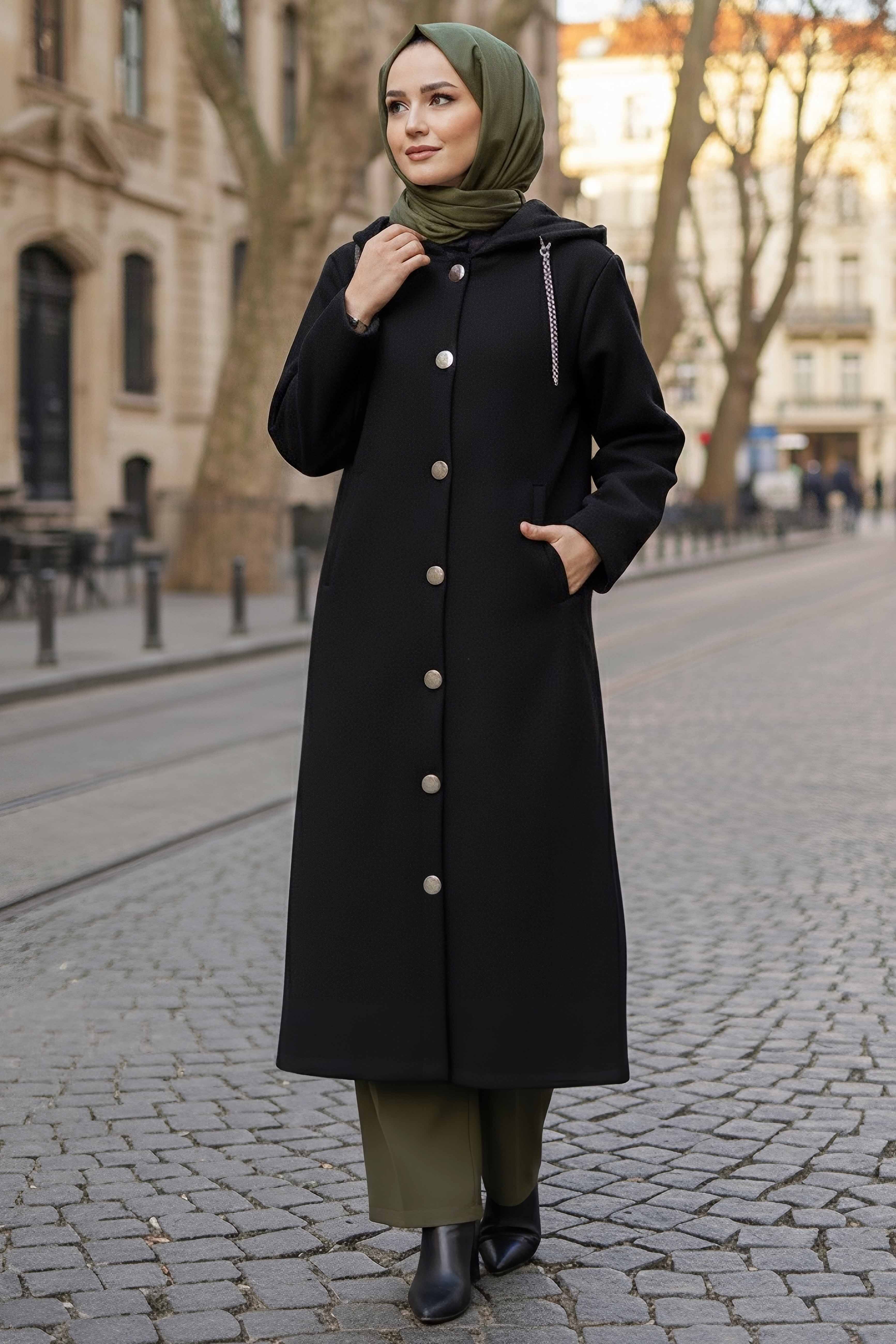 Düğmeli Zincir Detaylı Kaşe Kaban - 28040-SIYAH - 2