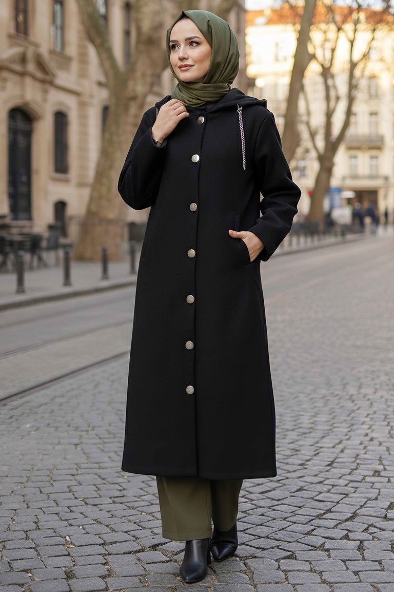 Düğmeli Zincir Detaylı Kaşe Kaban - 28040-SIYAH - TOFİSA