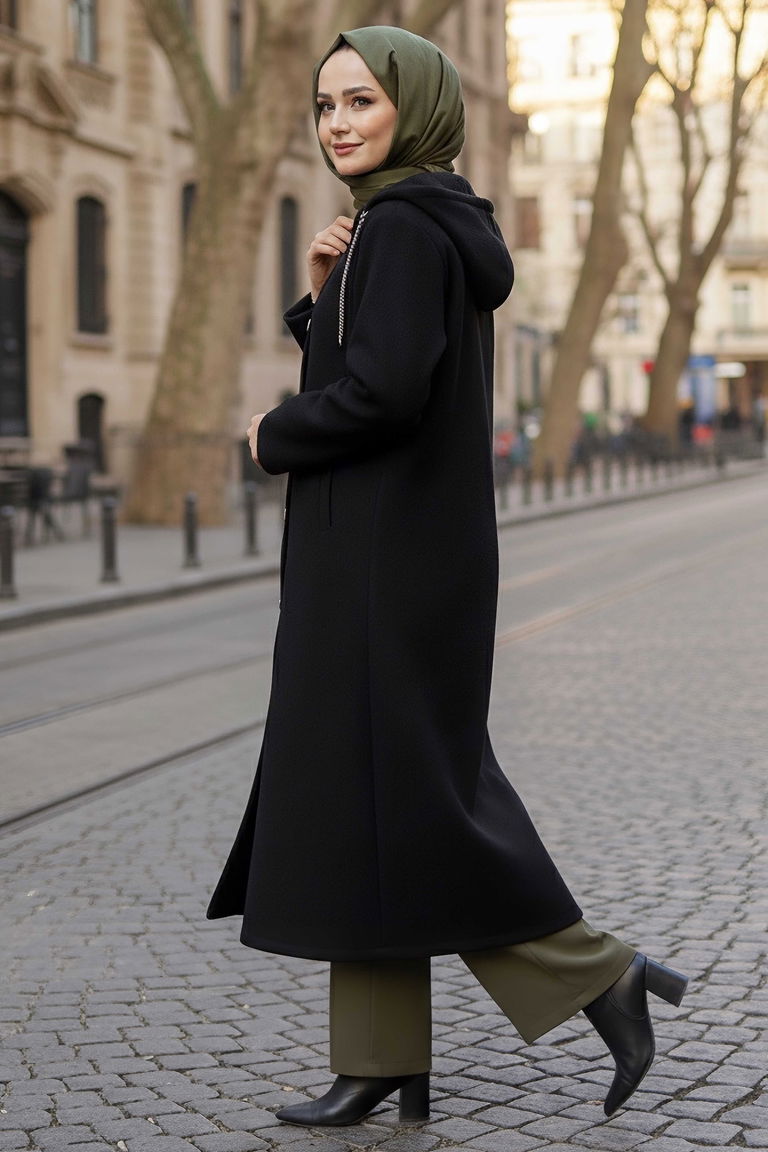 Düğmeli Zincir Detaylı Kaşe Kaban - 28040-SIYAH - TOFİSA