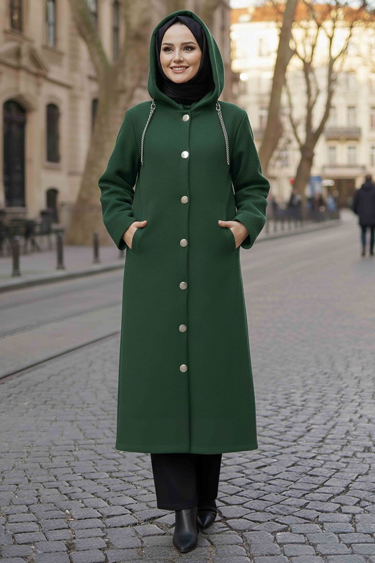 Düğmeli Zincir Detaylı Kaşe Kaban - 28040-ZUMRUT - TOFİSA