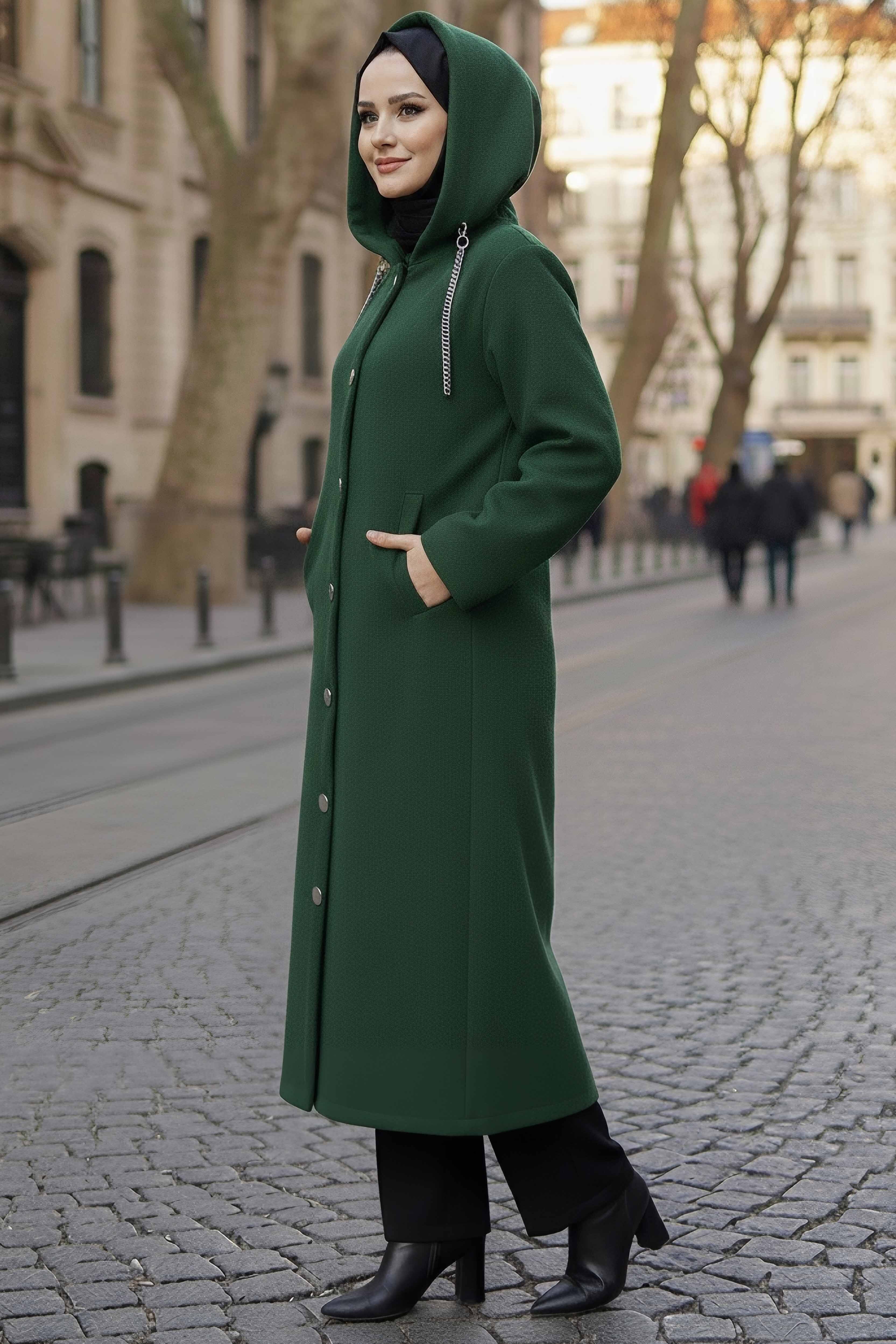 Düğmeli Zincir Detaylı Kaşe Kaban - 28040-ZUMRUT - 2