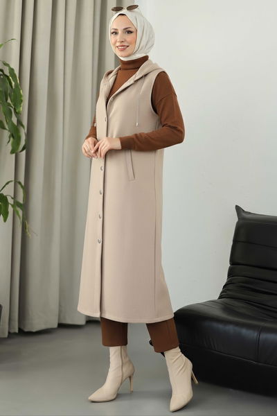 Düğmeli Zincir Detaylı Kaşe Yelek - 28035-BEJ 