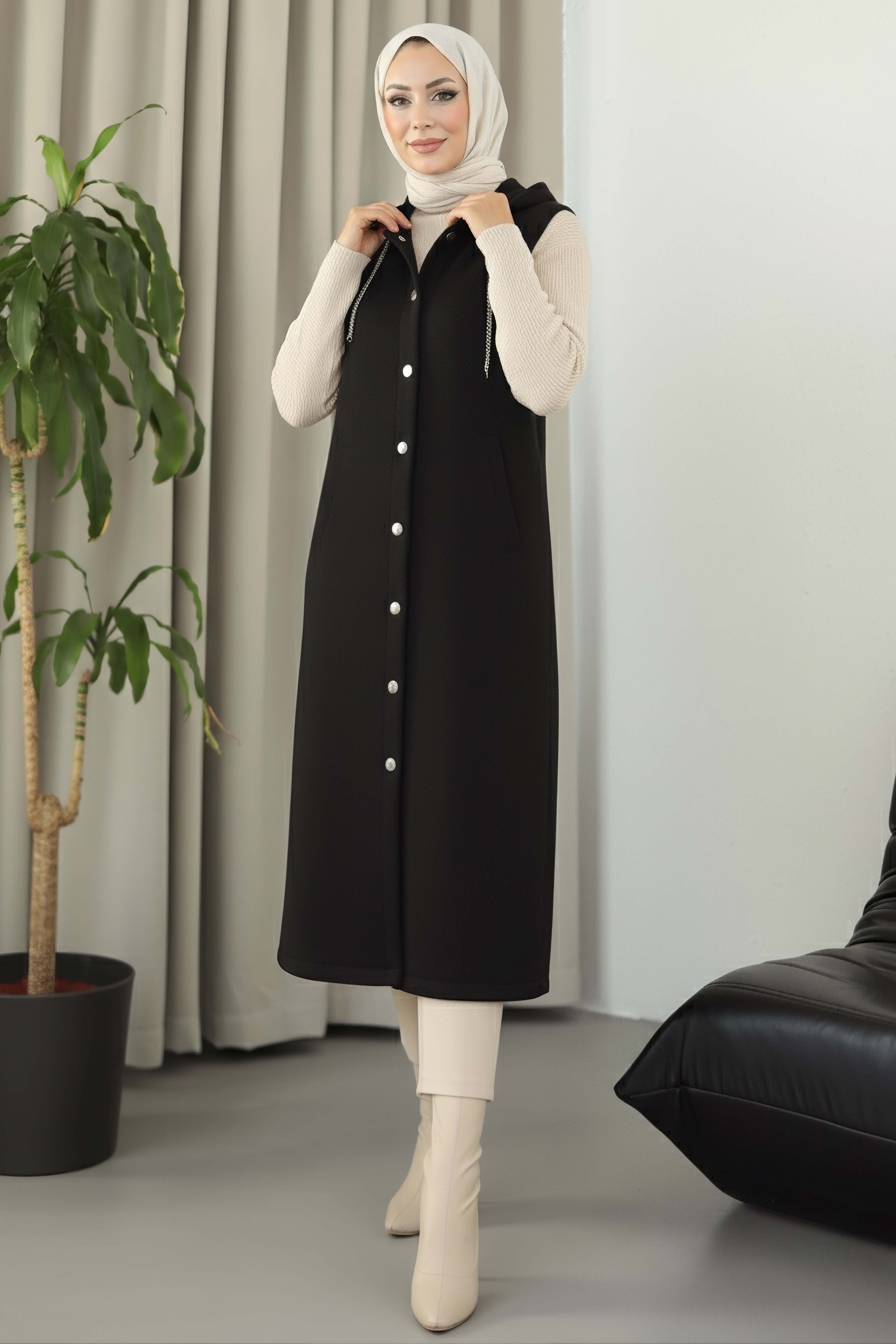 Düğmeli Zincir Detaylı Kaşe Yelek - 28035-SIYAH - 2