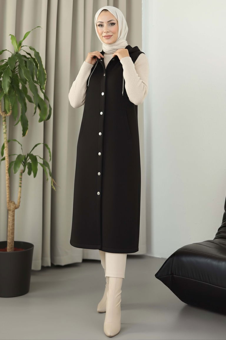 Düğmeli Zincir Detaylı Kaşe Yelek - 28035-SIYAH - TOFİSA