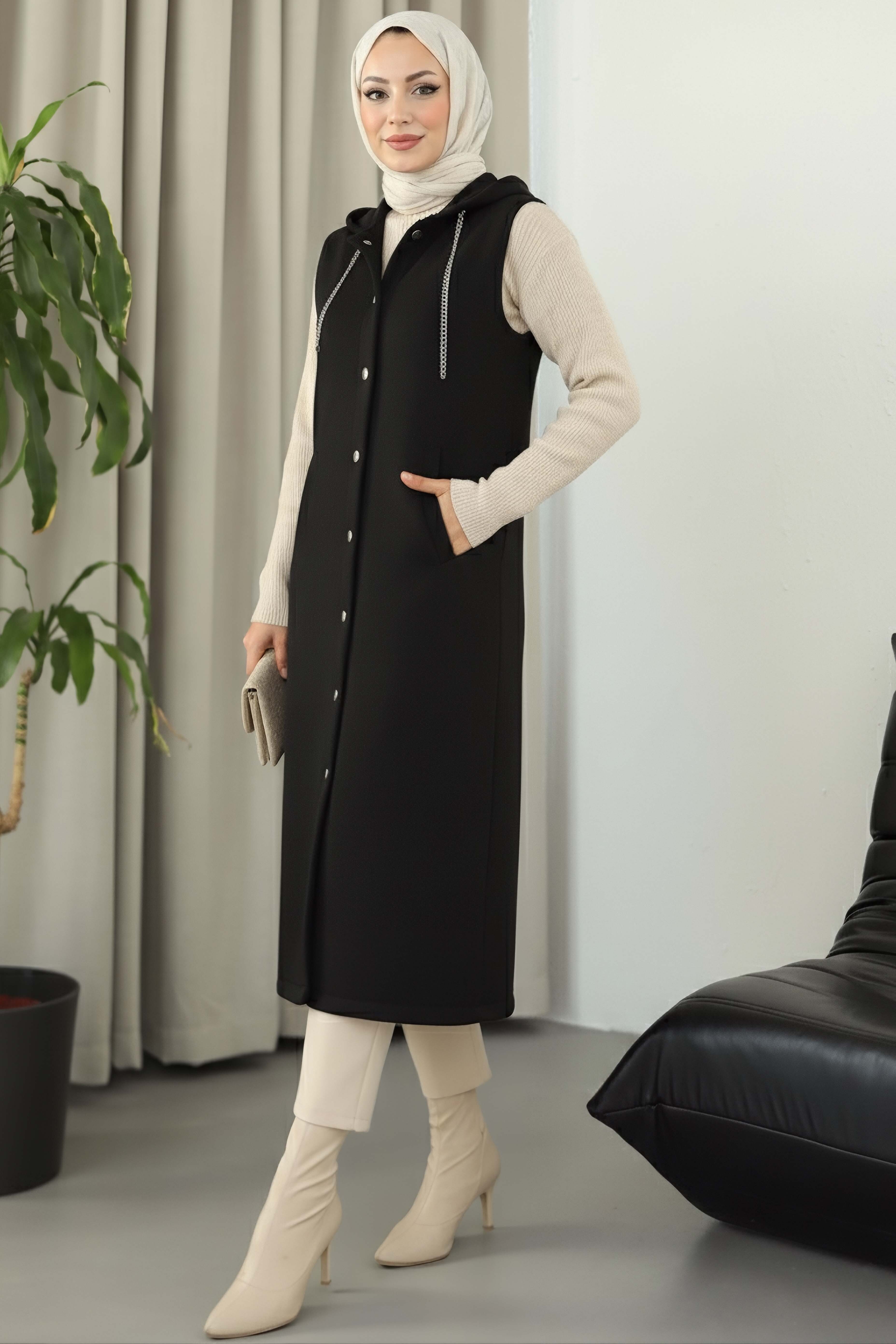 Düğmeli Zincir Detaylı Kaşe Yelek - 28035-SIYAH - 1