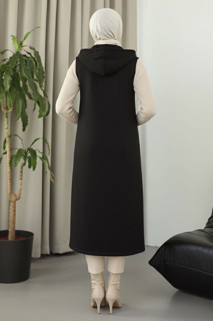 Düğmeli Zincir Detaylı Kaşe Yelek - 28035-SIYAH - 3